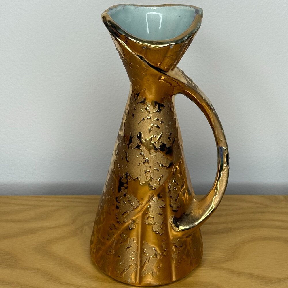 Savoy Weeping Gold 7.5” Vase 24 Karat Mid Century Modern Green Inside Vintage